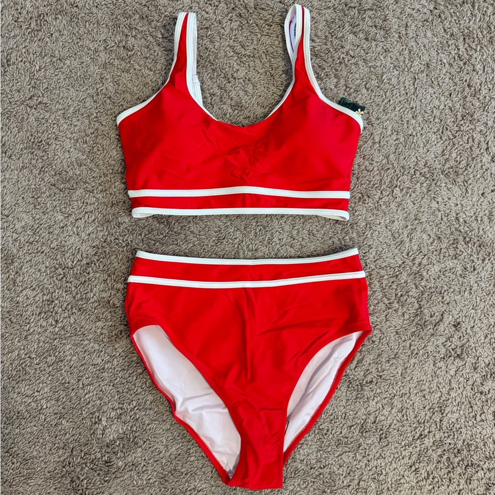 Sporty Red w/ White Trim High-Waist Bikini